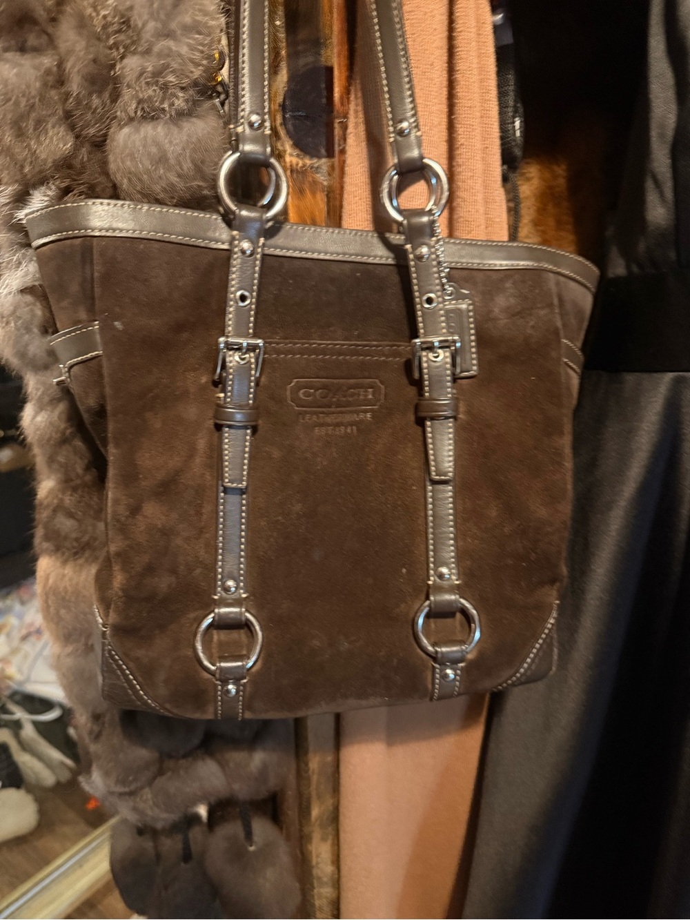 Coach Brown Suede Shoulder Tote with Ring Hardware